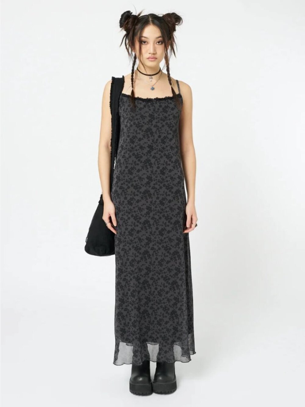 Minga London Y2K Titania Flocked Mesh Lace Maxi Dress Black Gray XS $98